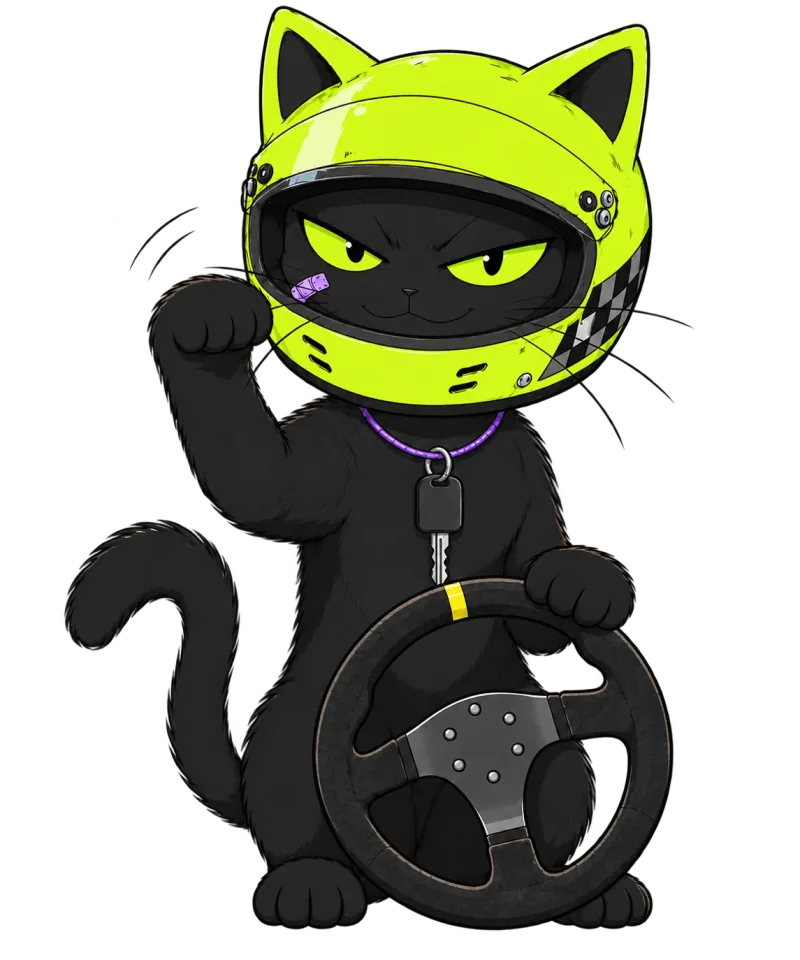 Nekomata mascot: a black cat in a lime cat-ear helmet, holding a steering wheel, one paw raised