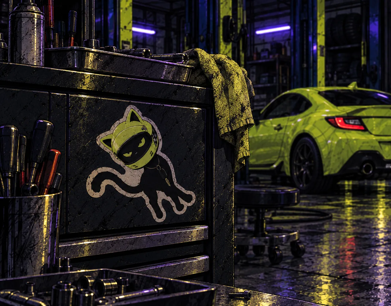 A Nekomata cat sticker, a black cat in a lime cat-ear helmet, on a garage toolbox, with a lime GR86/BRZ in the background